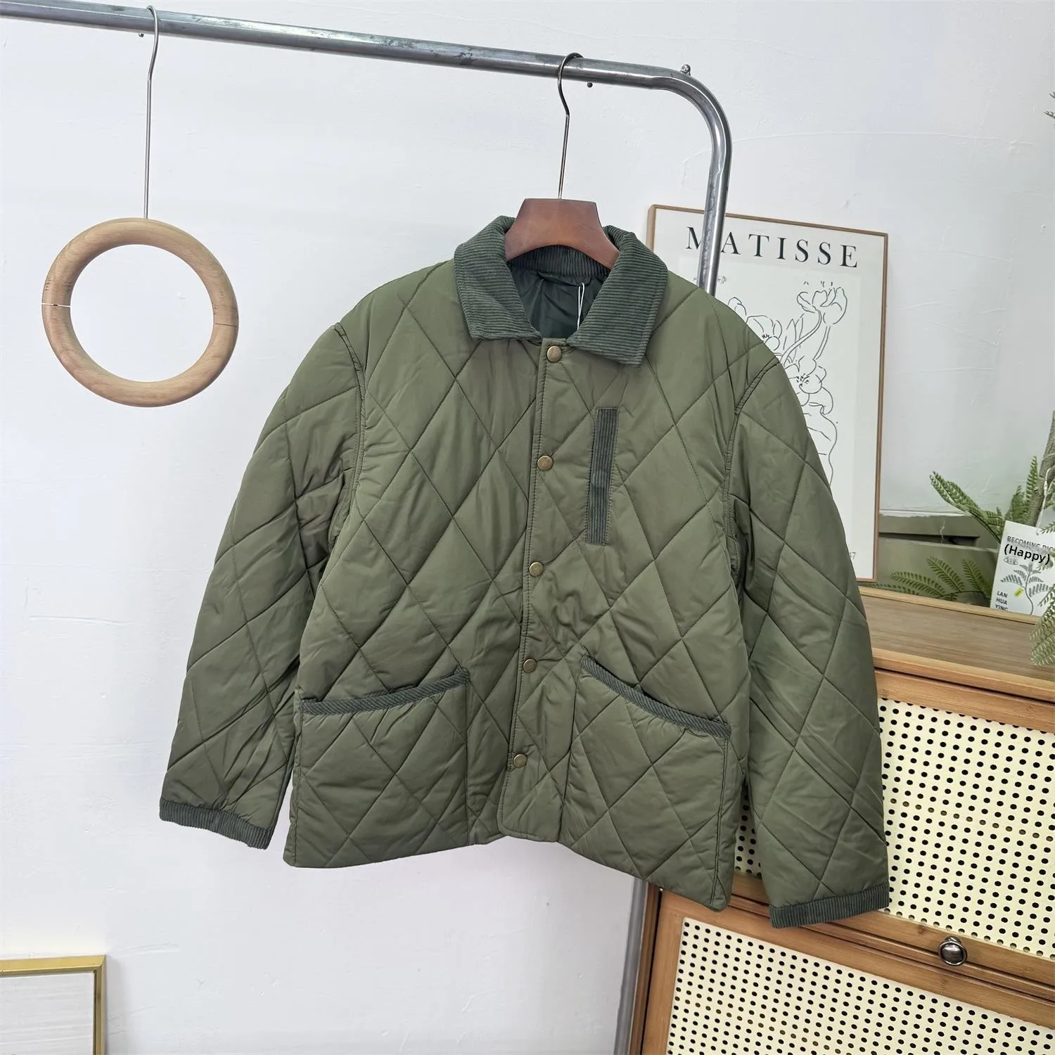 

Autumn New Men's Thiened Jaet Collar Patchwork Cotton Coat Versatile Youth Trendy Long Sve Single Button Closure ...