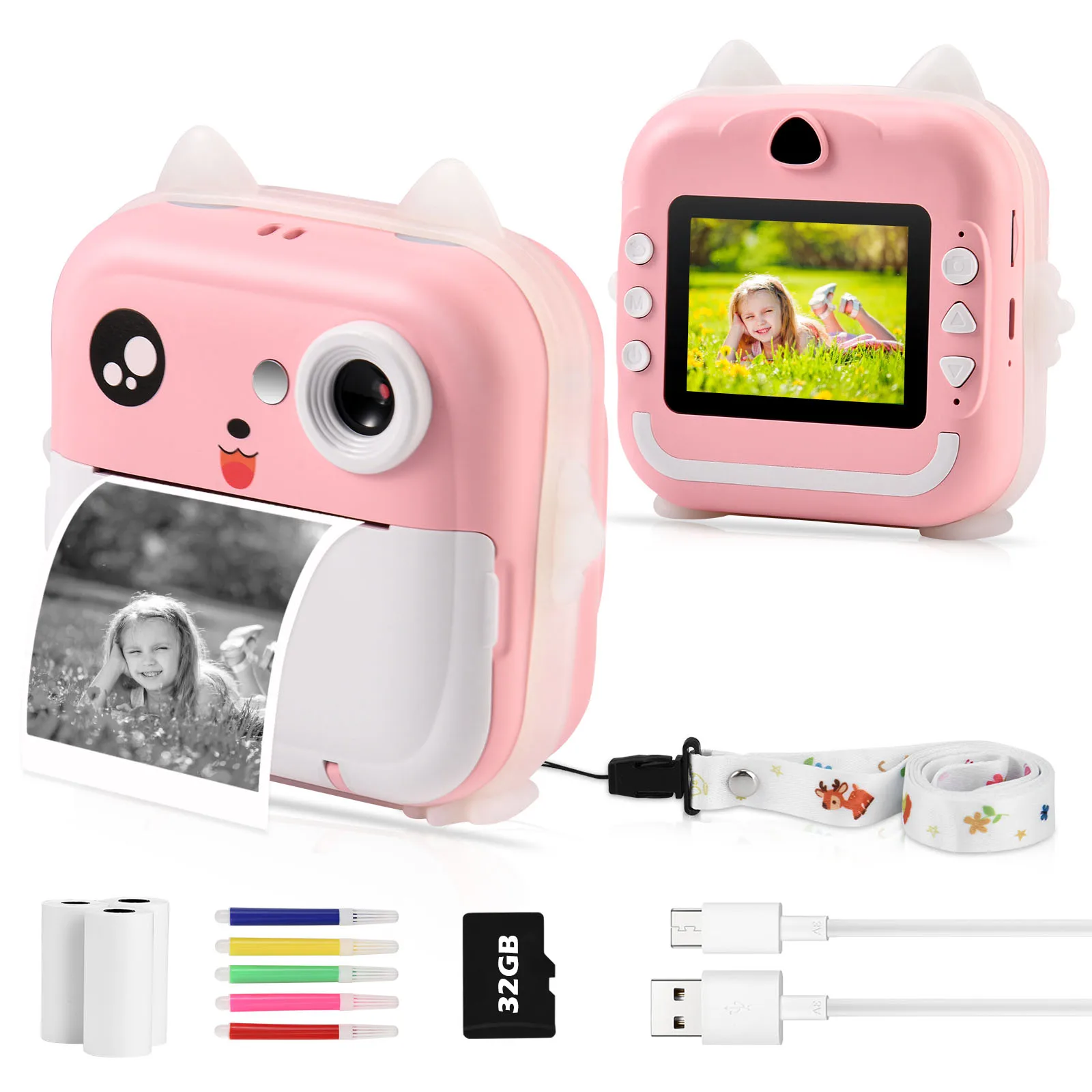 

CNCBSR Instant Camera for Kids, 1080P HD Screen Kids Digital Camera, Print Camera with No Ink Print Paper&32G TF Card, KIds Gift