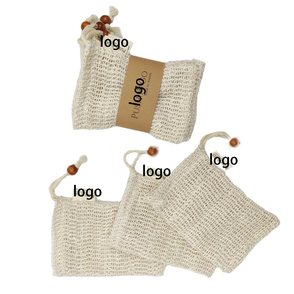 Aangepast logo Biologisch afbreekbaar Eco-vriendelijk Natuurlijk exfoliërend bad Sisal Zeep Net Mesh Tasje met trekkoord Sisal Zeepzak