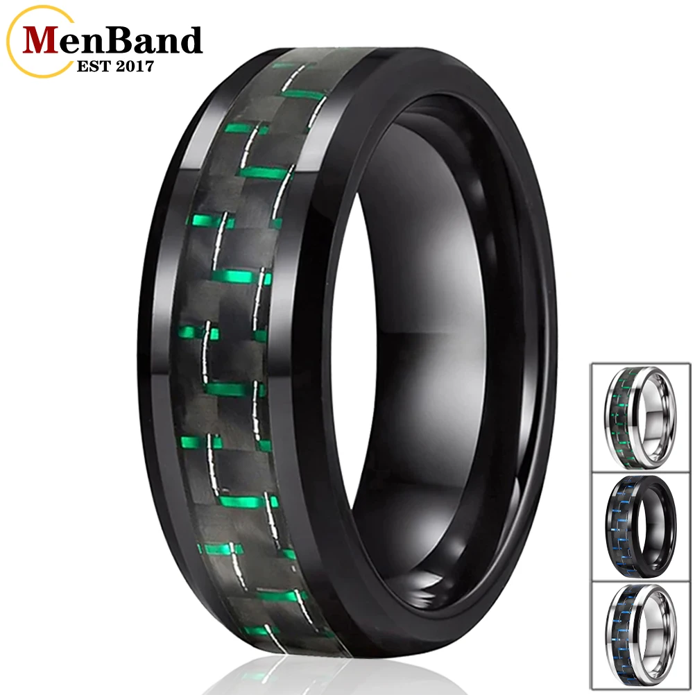 

MenBand Fashion 8mm Tungsten Carbide Rings for Men Women Wedding Band Green/Blue Carbon Fiber Inlay Beveled Polishing Comfort