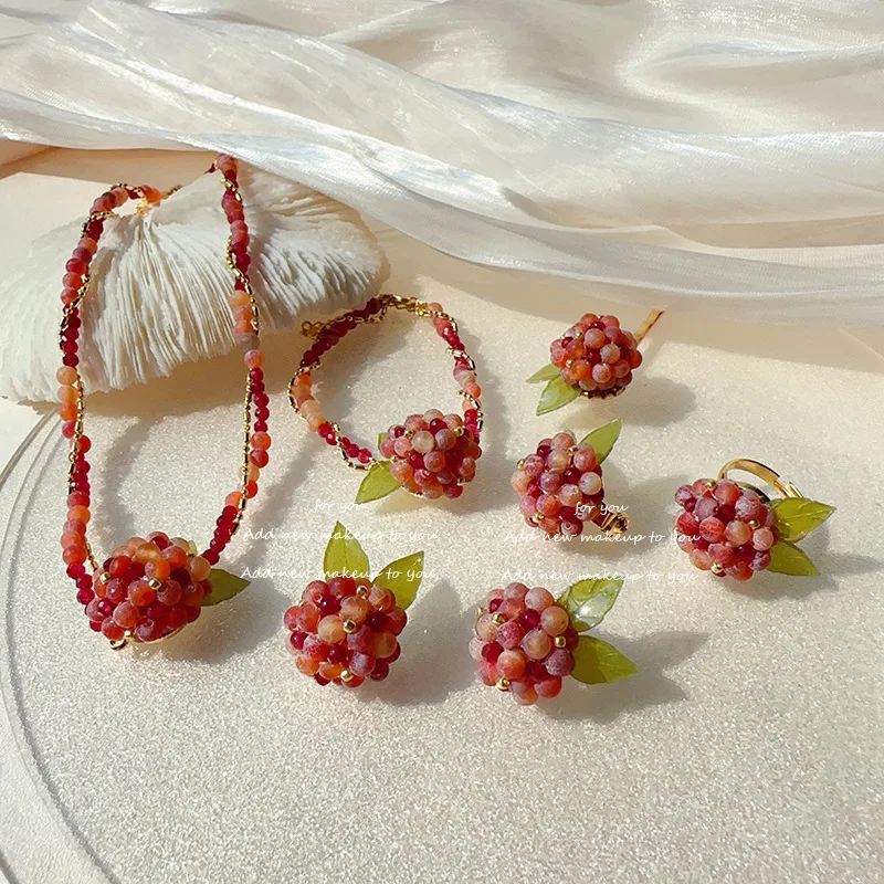 Fruit Series Vintage Red Raspberry Seed Beaded Earrings Necklace Set Handmade 925 Silver Hook Gift