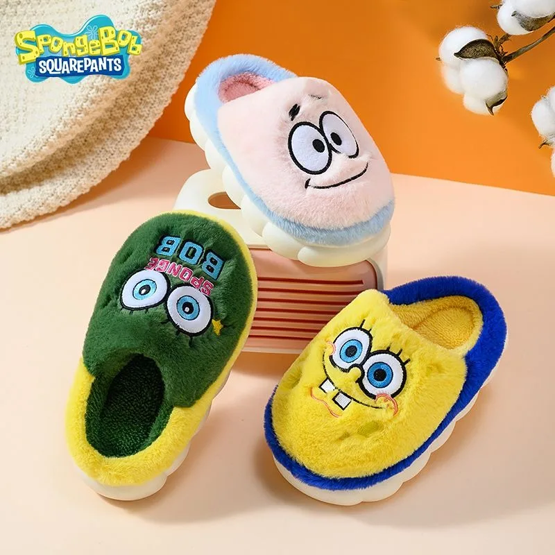 Anime Sponge Cute Bob Children\'s Thick Plush Slippers Kawaii Autumn Winter Warm Indoor Anti Slip Home Shoes Cartoon Cotton Shoes