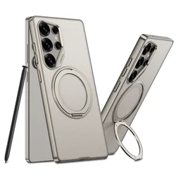 For Samsung Galaxy S25 Ultra 5G Case Ultra-Thin Luxury Clear Matte Leather Magnetic Rotating Bracket Shockproof Back Accessories
