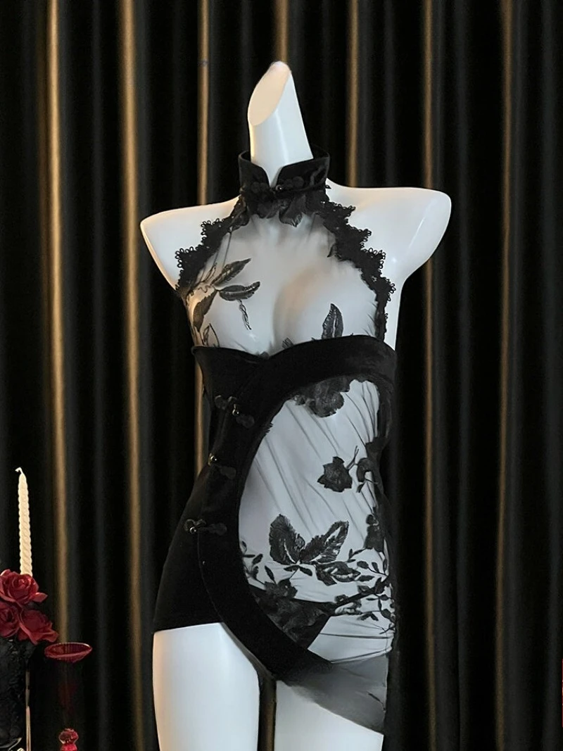 

Новый китайский бархатный Cheongsam с кружевной вышивкой в стиле ретро, прозрачная соблазнительная ночная рубашка, женский и привлекательный наряд для спальни