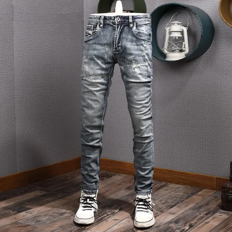 

Italian fashion new high-quality jeans with stretchy and slim fit, washed with nostalgic embroidery, high-quality washed blue pa