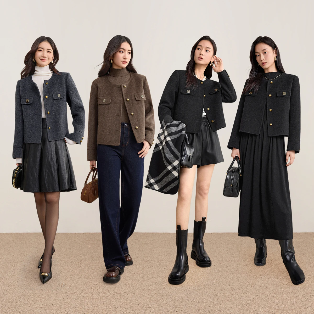 SENTUBILA Women's Wool Coat Round Neck Contrast Trim Double-Faced Wool Coat Metal Buttons Short Coat Women's Clothing W54OF8773