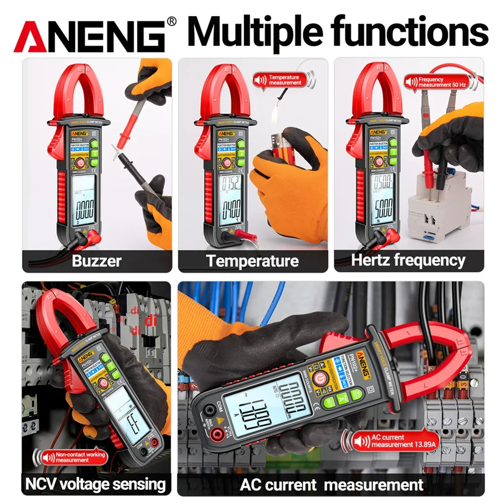 ANENG PN102 + Voz Inteligente Clamp Meter, Auto Ranging Multímetro, AC/DC Medidor de Tensão, Diodo Hz Tester Atual, 6000 Contagens