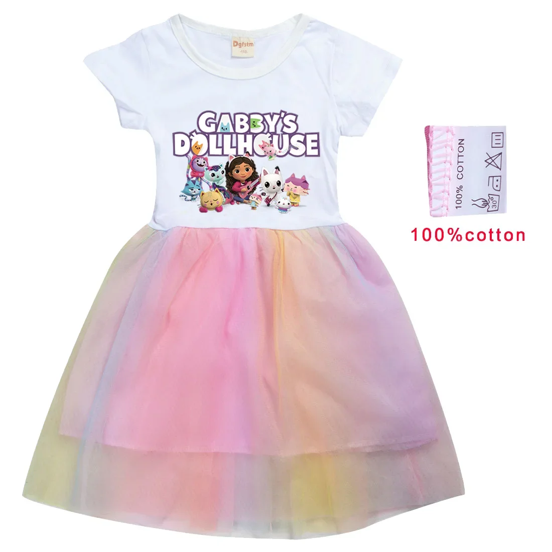 Gabby Doolhouse Clothes Kids Anime Gabby Chat Rainbow Gauze Skirt Baby Girl Princess Dresses Children Wedding Party Knee-Length