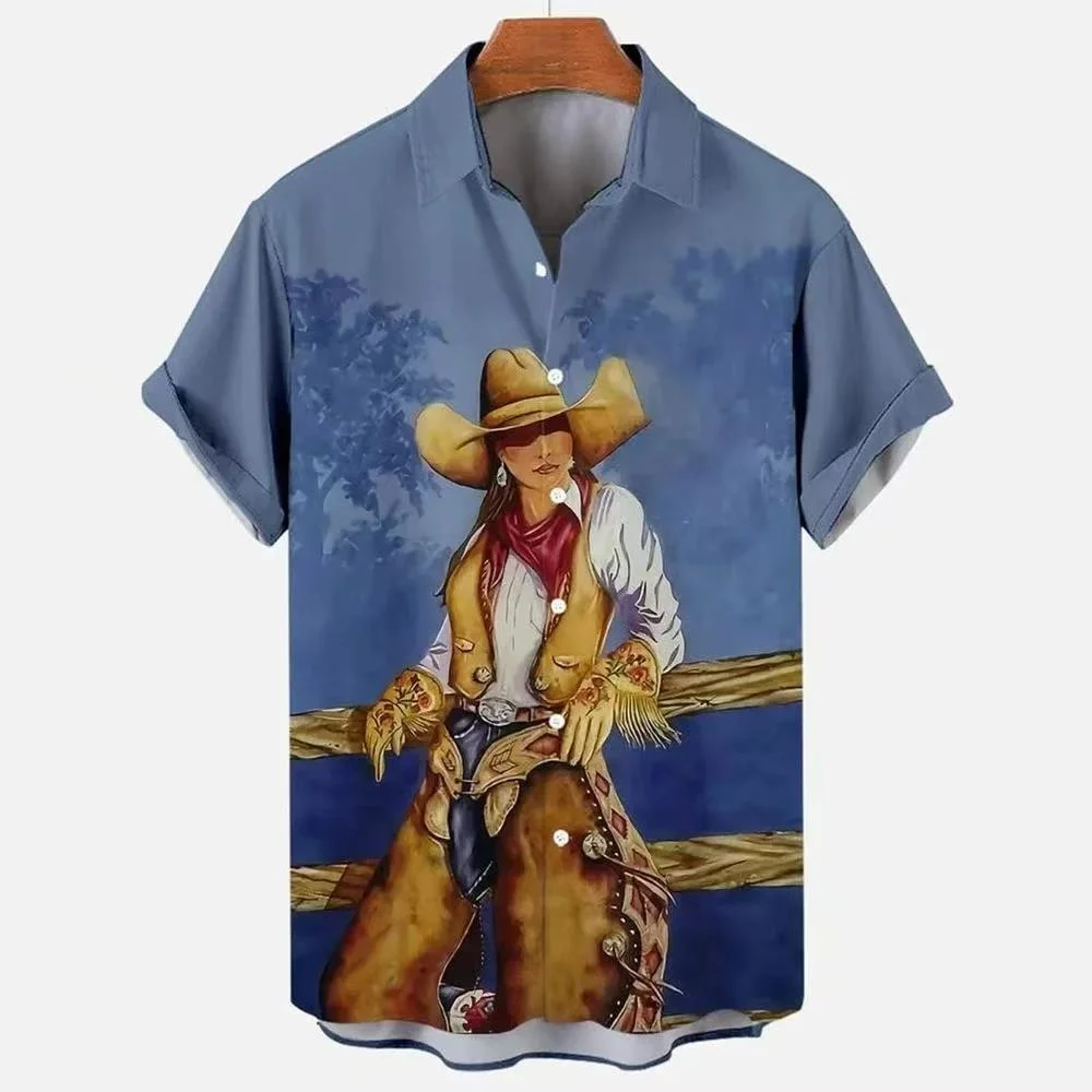 New Men's Casual Short Shirt Western Cowboy Horse Riding 3D Printed Lapel Shirt Short Sleeve Fashion Trend Shirt Top