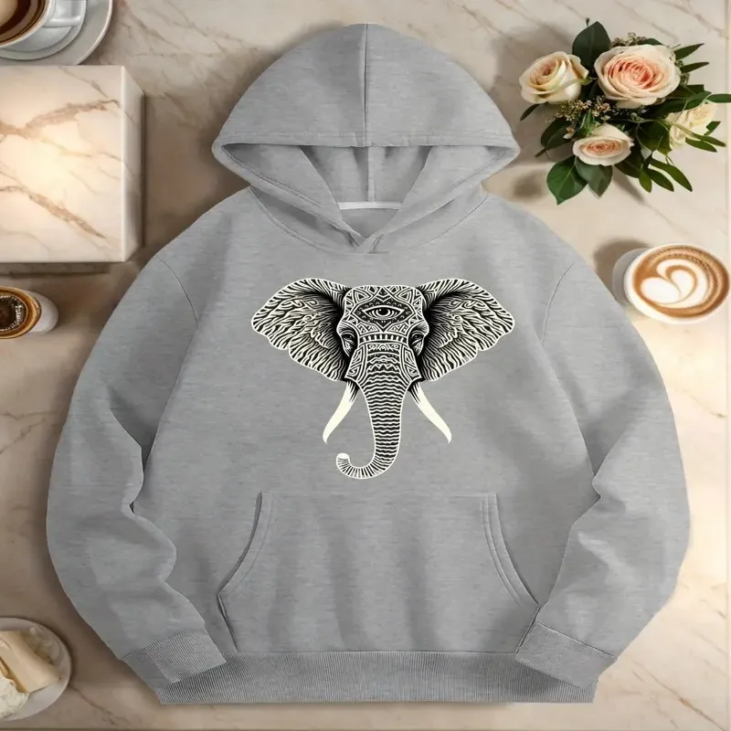 Fall Winter Women Plus Size Clothes Female Oversize Sweatshirt Artistic Tribal Elephant Head Trendy Round Neck Street Style Top
