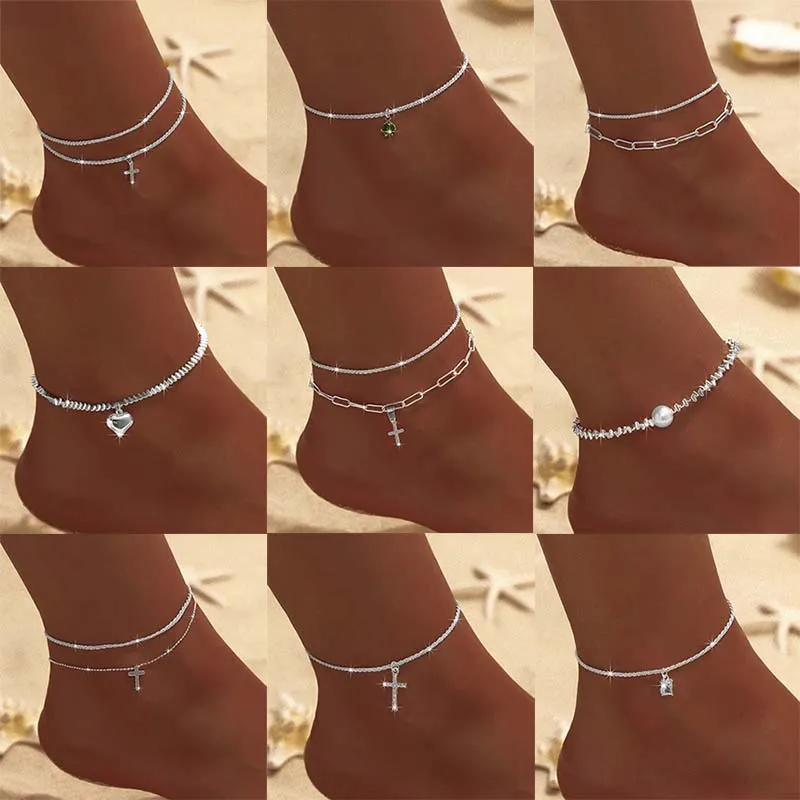 Simple Cross Pendant Silver Color Chain Anklet for Women Fashion Heart Pearl Rhinestone Leg Body Jewelry Beach Travel Gifts