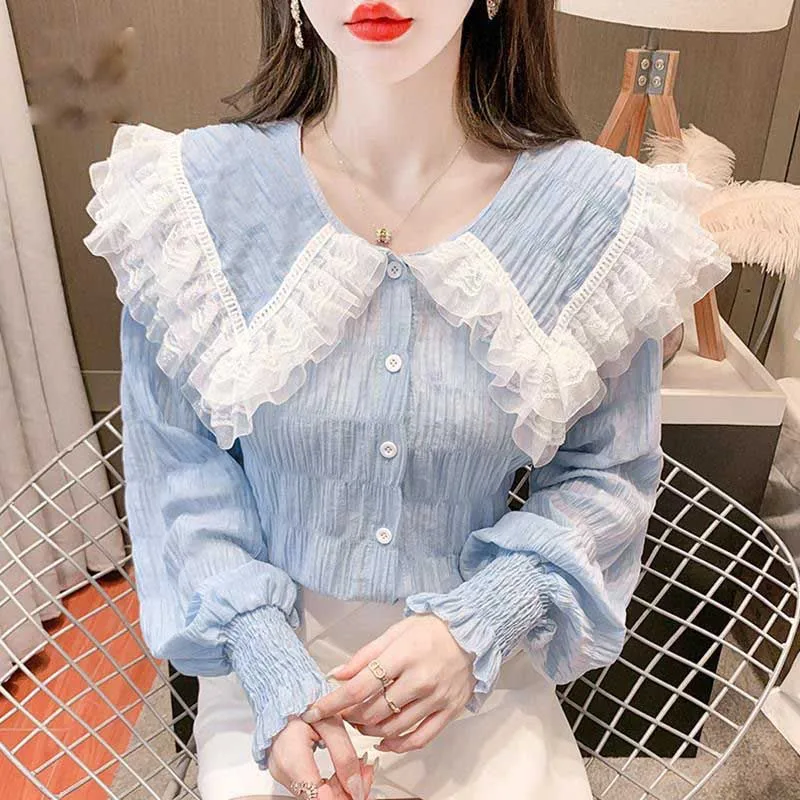 Sweet Peter Pan Collar Lace Folds Princess Sleeve Shirts Female Clothing 2024 Spring New Loose Korean Tops Office Lady Blouses