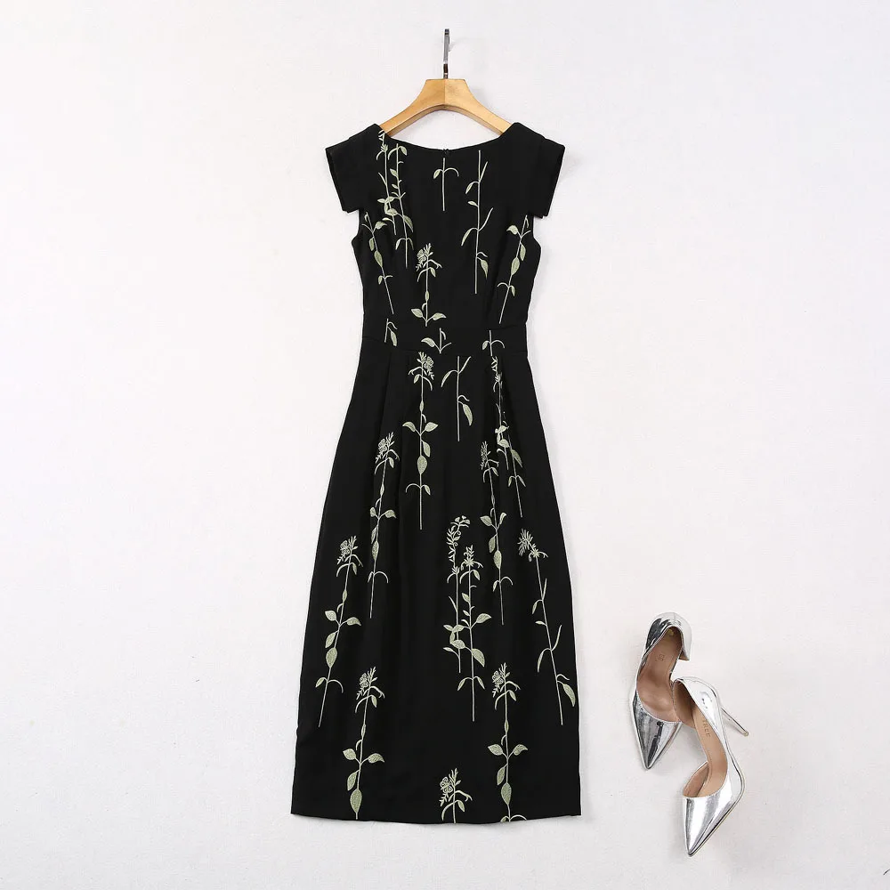 

European and American women's clothing new summer Round neck Sleeveless plant embroidery fashion Slim dress XXL