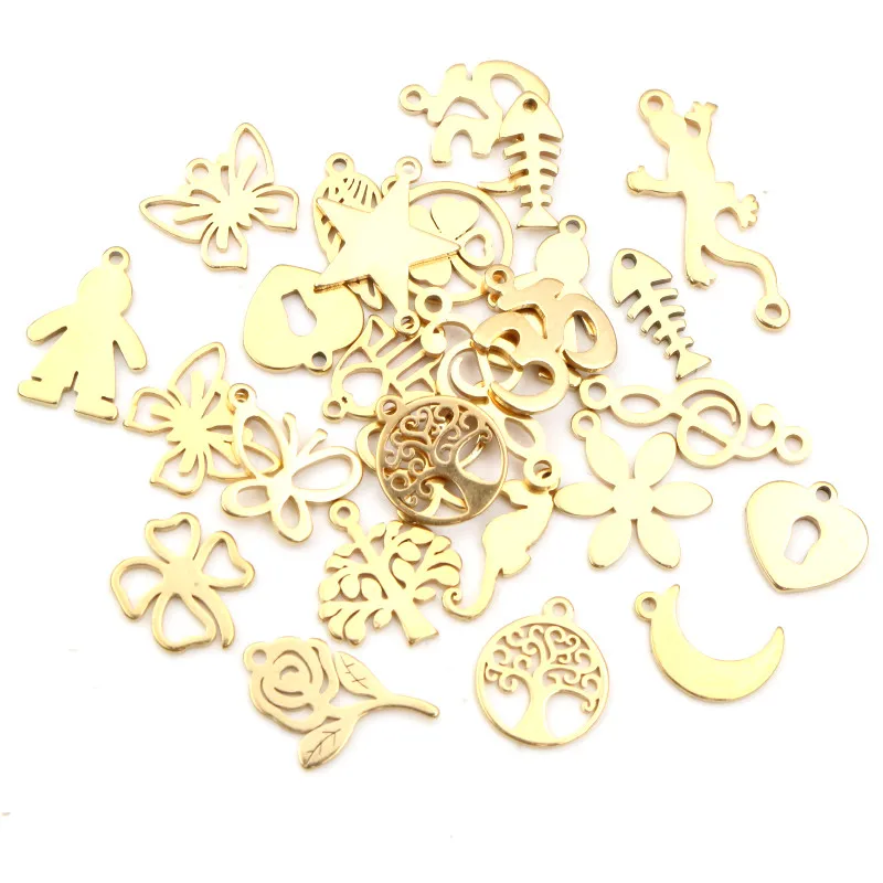 10pcs/lot  316 Stainless Steel Gold Plated Tree Moon Butterfly Small Charms Pendant For Necklace DIY Jewelry Making