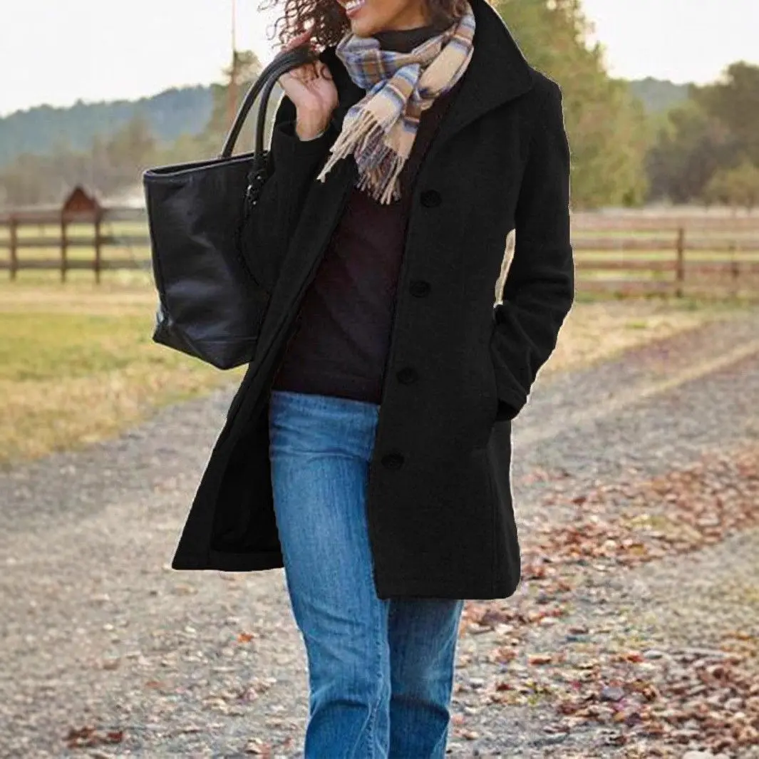 

Autumn Winter New Style Fashion Woolen Blended Fabric Jacket Outerwear 2025 Women's Mid-length Woolen Coat Single Breasted