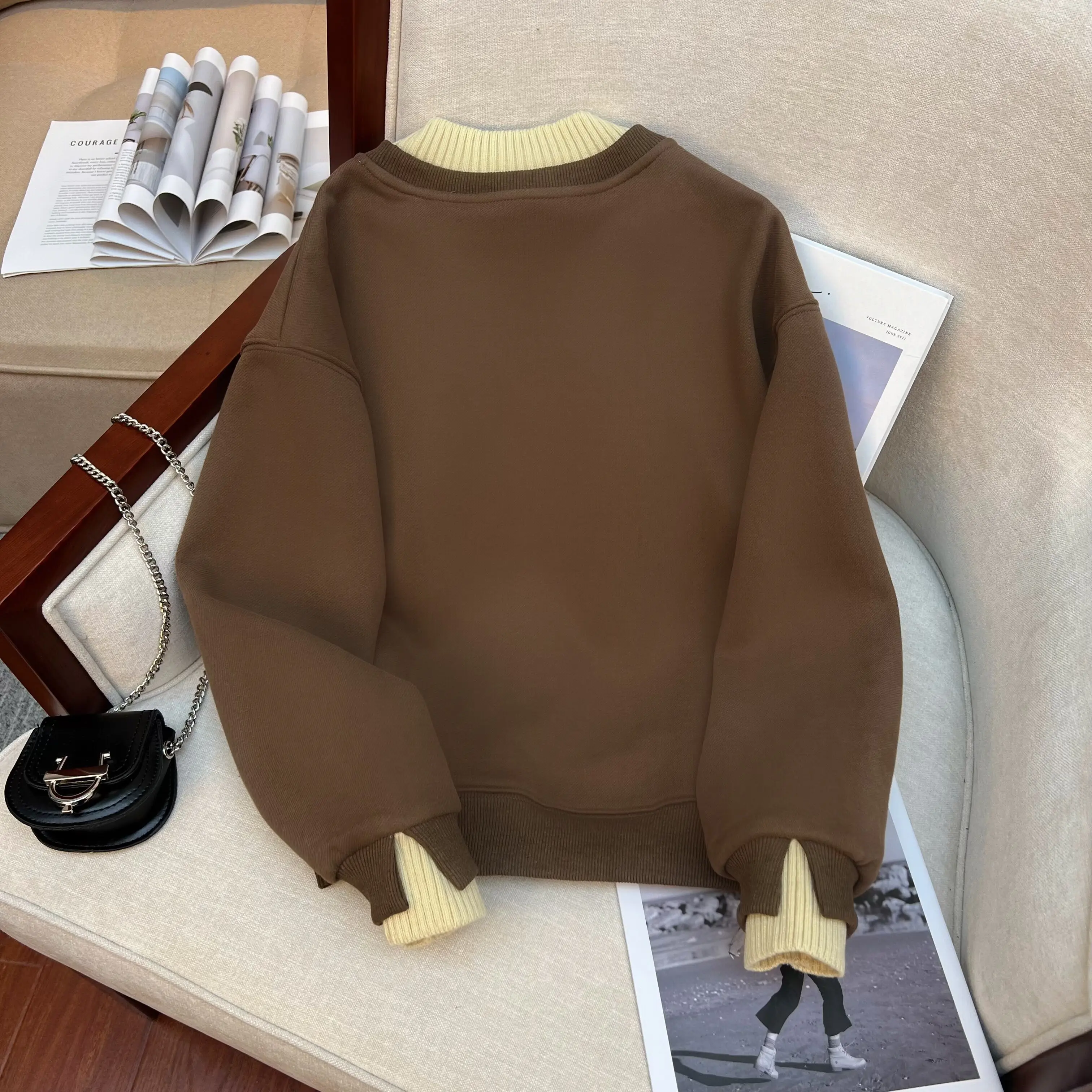 American Vintage Letter Embroidery Half-turtleneck Sweatshirt Women Autumn Winter Velvet Thickened Fake Two-piece Patchwork Top