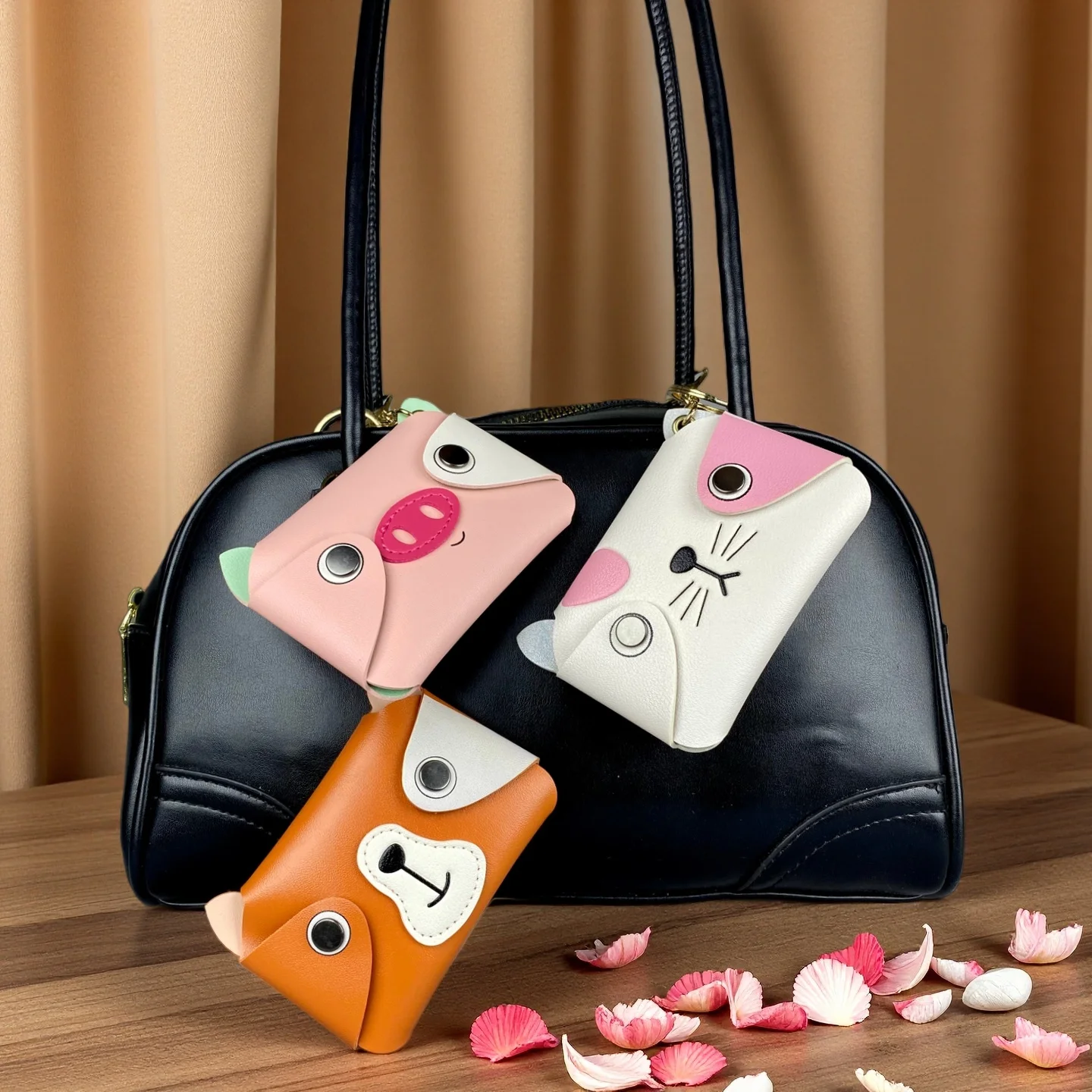 Tarjetero con llavero: lindo animal (cachorro, gatito, cerdito), mini bolsa de cuero PU para tarjetas, auriculares, monedas y lápiz labial, dije de bolso