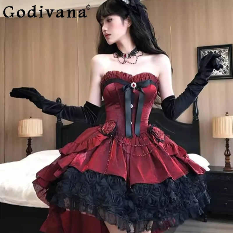 

Gothic Style Red Rose Lolita Dress Women's Evening Gown Rose Lace Elegant Dress Female Pure Desire Princess Lolita Dress