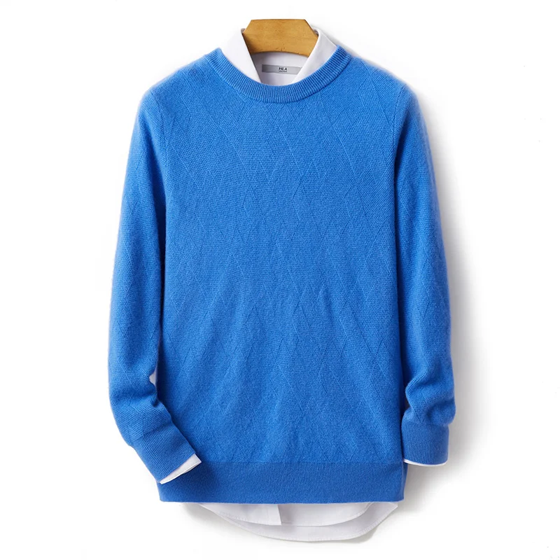 Autumn And Winter New Men's Round Neck 100% Wool Sweater Diamond-Shaped Thick Long-Sleeved Knitted Loose Pullover Pure Wool Top.