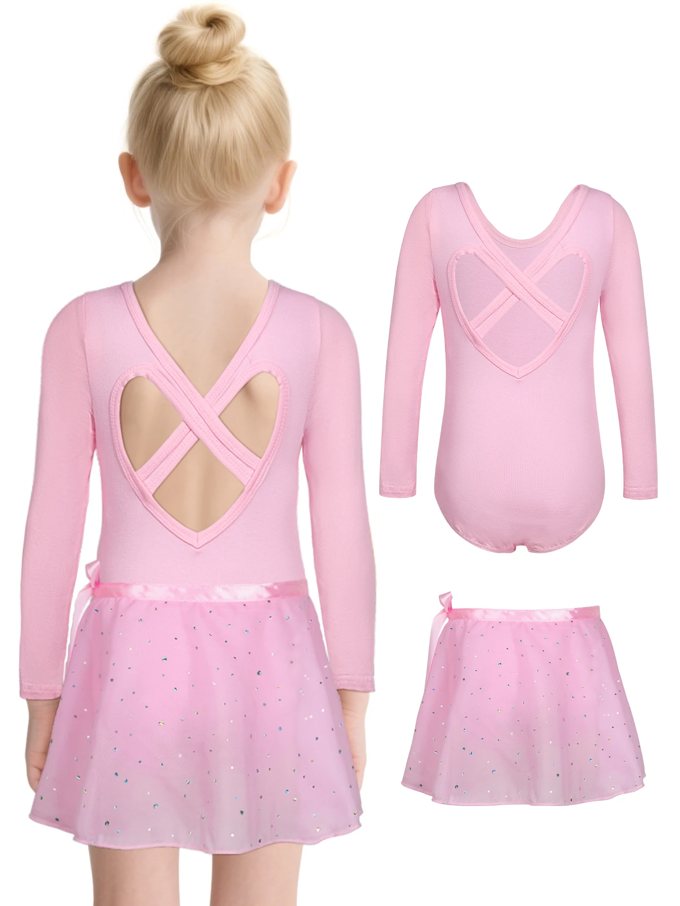 Mädchen Langarm Ballett Trikot Kind Tanz Tutu Kleid Herz Zurück Gymnastik Dancewear mit Gebunden Rock Outfit Set Bühne Kostüm