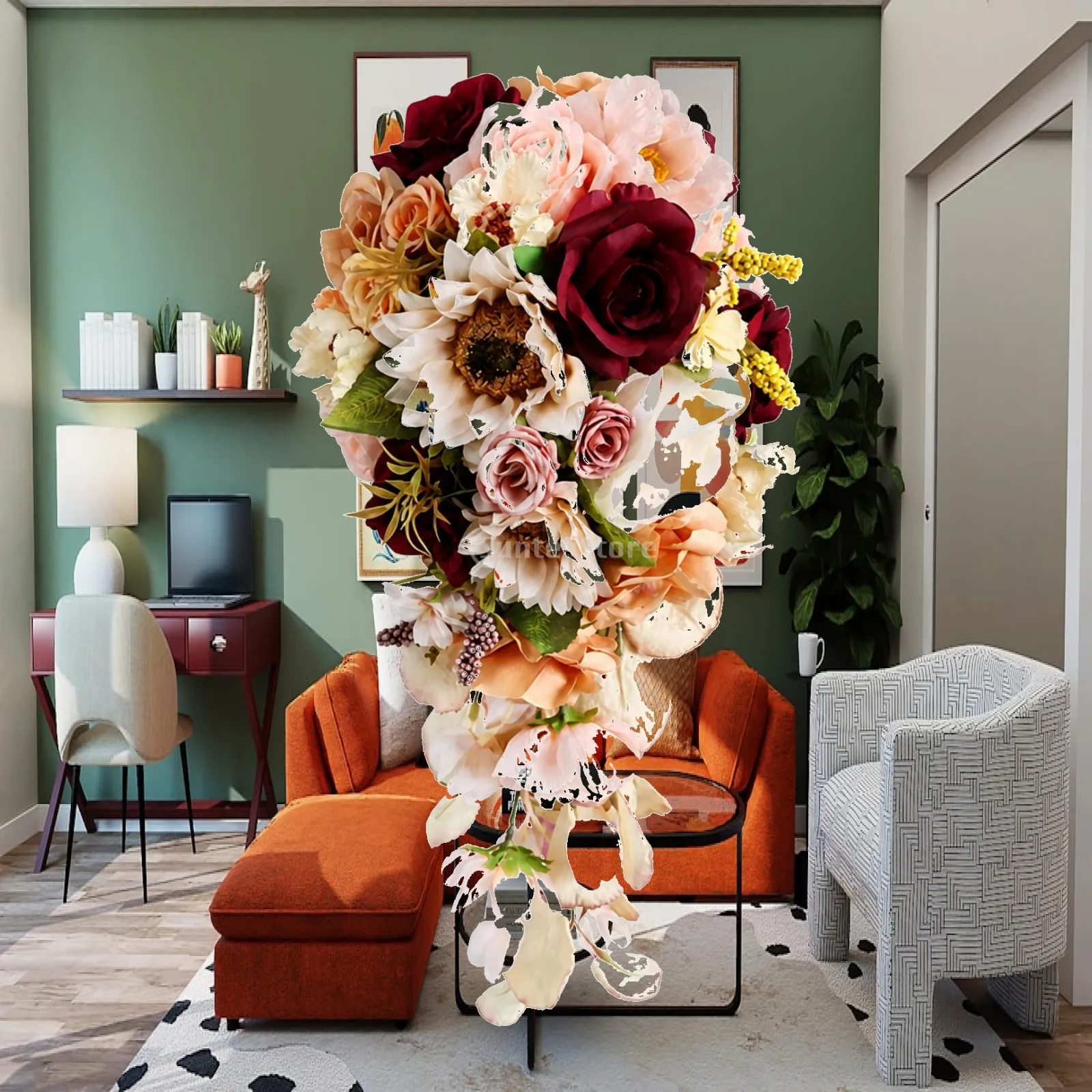 waterfall-style-bridal-bouquet-with-rose-like-blooms-and-green-leaves-for-bridal-ceremony-styling