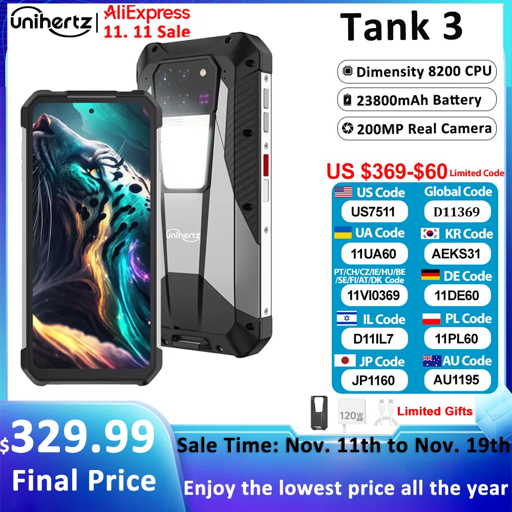 US AU EU Stock Unihertz 8849 Tank 3 Rugged 5G Smartphone 32GB 512GB 23800mAh 120W Charger Dimensity 8200 200MP 120Hz Cell Phone