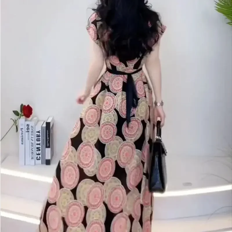 แฟชั่นดอกไม้พิมพ์ชุดยาวผู้หญิงลําลองหลวมชายหาดบางชุดเอวสูง LACE-Up เสื้อผ้าหญิง