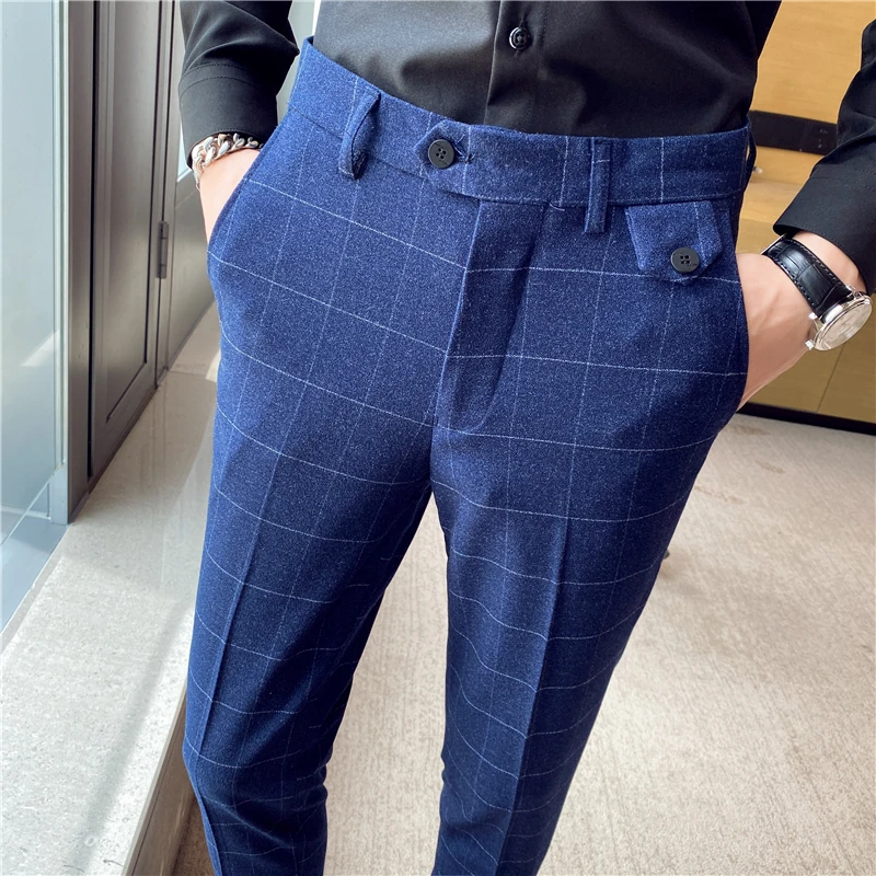 2022 Men Formal Office Social Suit Pants British Casual Slim Fit Trousers Men Clothing Autumn Winter Plaid Business Dress Pants