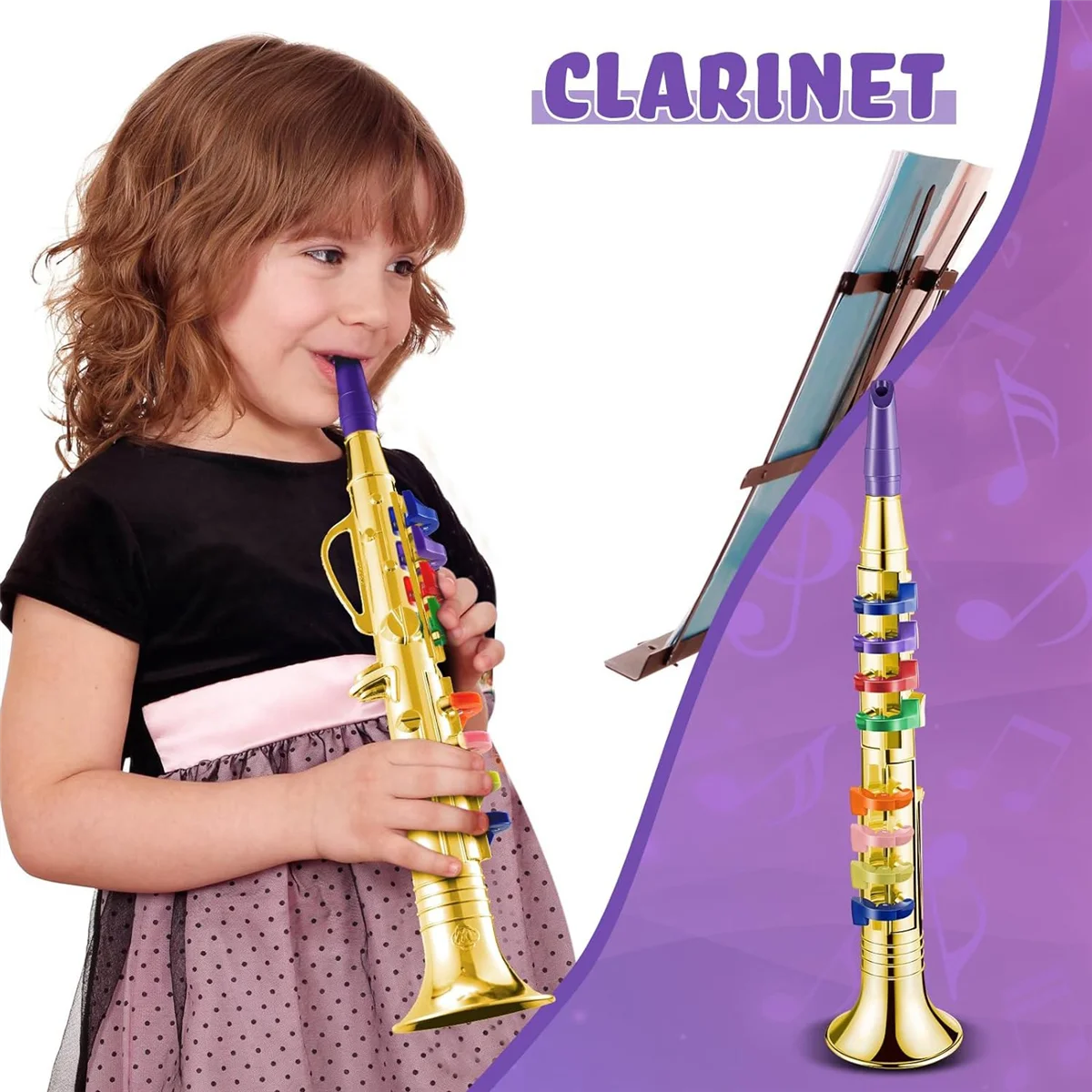 Juego de 2 instrumentos musicales, trompeta y saxofón, clarinete portátil con teclas de colores, juguete educativo para el hogar y la escuela