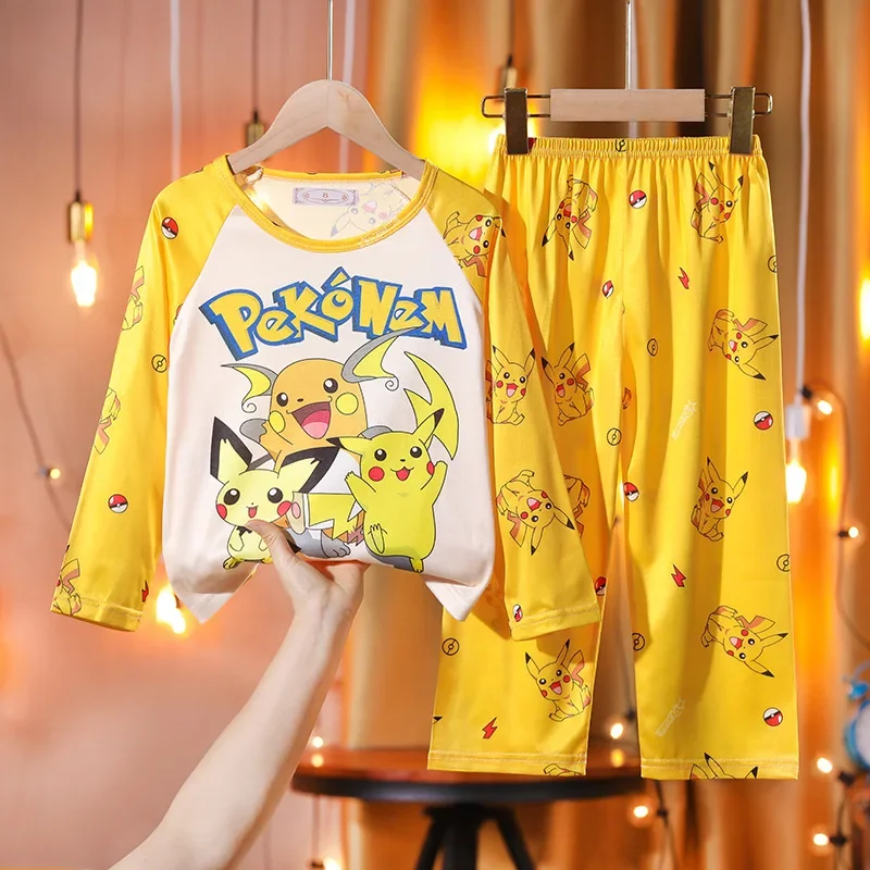 Pikachu Pajamas Pants Set Kids PPokemons Anime Home Clothes Boy Girl Spring Autumn Nightwear Trousers Children Long Sleeves Gift