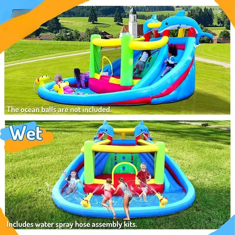 Inflatable Water Slide with Bounce House,Dolphin Styling,Splashing Pool Inflatable Water Park for Kids Backyard Summer