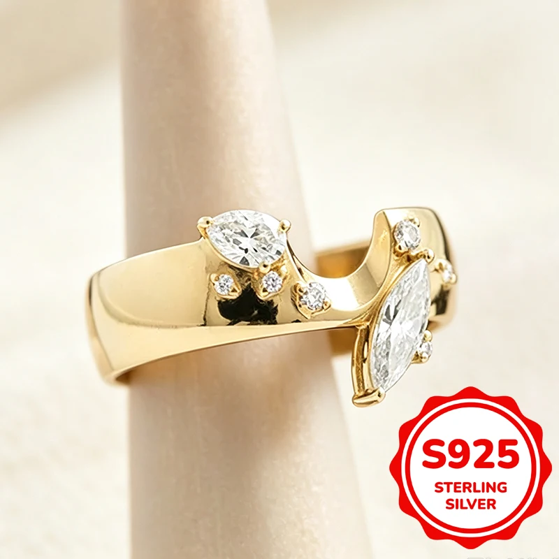 Authentic S925 Sterling Silver 14K Gold  Wide Band Ring for Ladie sPear & Marquise CZ Stone Luxury Engagement Wedding Stacking