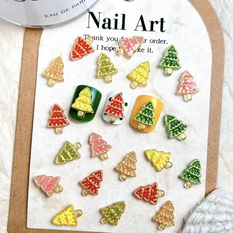 Colorful Christmas Tree Resin Nail Art Charms Exquisite Golden Edged Pine Tree Shining Nail Decorations for DIY Hairpin Nails