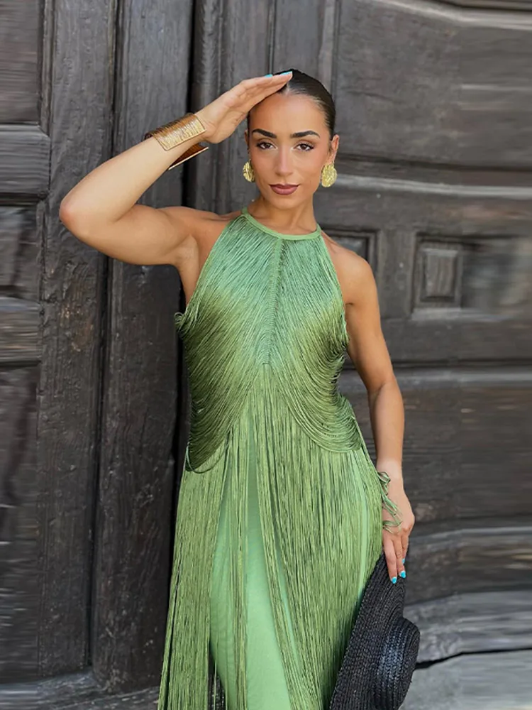 Vestido Halter sin mangas de Color sólido con borlas para mujer, vestido Midi multicapa para mujer, bata de cóctel, moda Sexy, nuevo 2025