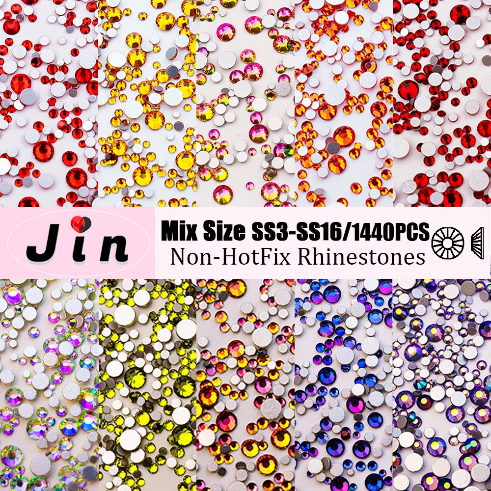 JIN 1440PCS Mix Size Clear Crystal Rhinestones Non-hotfix Gold Red Flatback Glitter Stones Nail Art Crafts DIY Decorations Shoes
