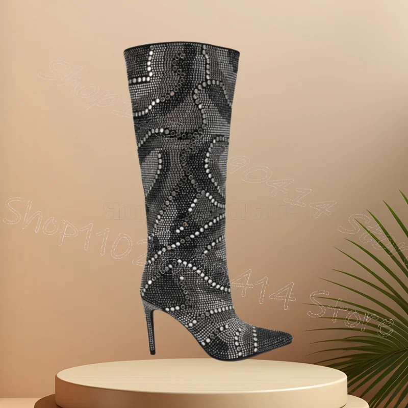 

Rhinestone Design Patchwork Pointed Toe Boots Slip On Women Shoes Thin High Heels Fashion Party Dating 2025 Zapatos Para Mujere