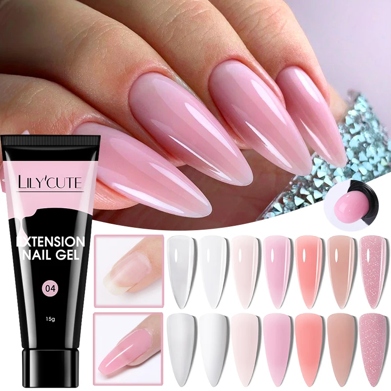 LILYCUTE 1/9 Stück Nagelverlängerungs-Gel 15ml Schnell Aufbauendes UV-LED-Acryl-Gel in Weiß, Transparent, Nude und Rosa für Maniküre und Nagelmodellage