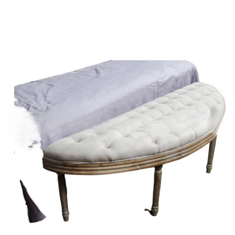 

American country solid wood bedside stool, bedroom fabric old pull button, semi-circular entrance shoe changing stool