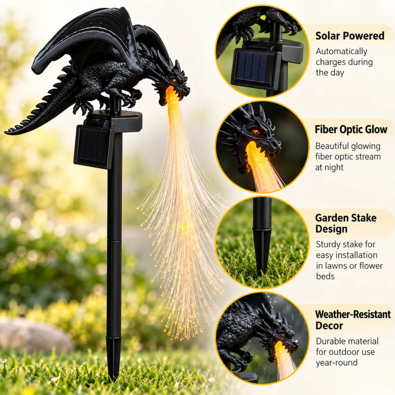 Solar Fire Breathing Dragon Stake Light, Waterproof Fiber Optic Dragon Lamp Outdoor Garden Yard Decor