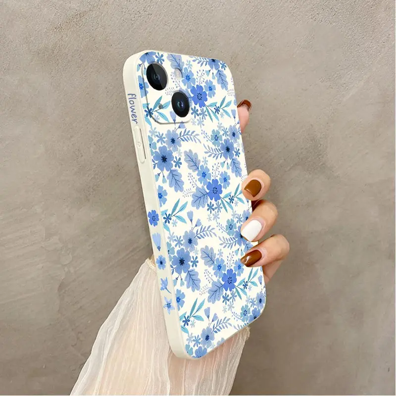 Blue Floral Silicone Phone Case For iPhone 14 15 12 11 13 Pro Max Mini 14 15 Plus 8 7 6 6S Plus X XR XS 14 15 Pro Cover