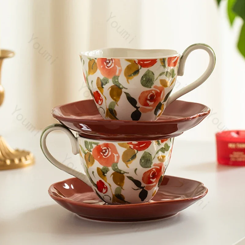 

Retro French Style Ceramic Coffee Cups Exquisite Red Flowers Wedding Tea Set High End Home Afternoon Tea Coffee Cup Gifts