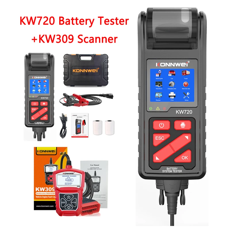 

KONNWEI KW720 6 В/12 В/24 В для автомобилей, грузовиков, мотоциклов, тестер аккумуляторов, анализатор аккумулятора, инструменты для тестирования зарядки + сканер KW309 Obd2