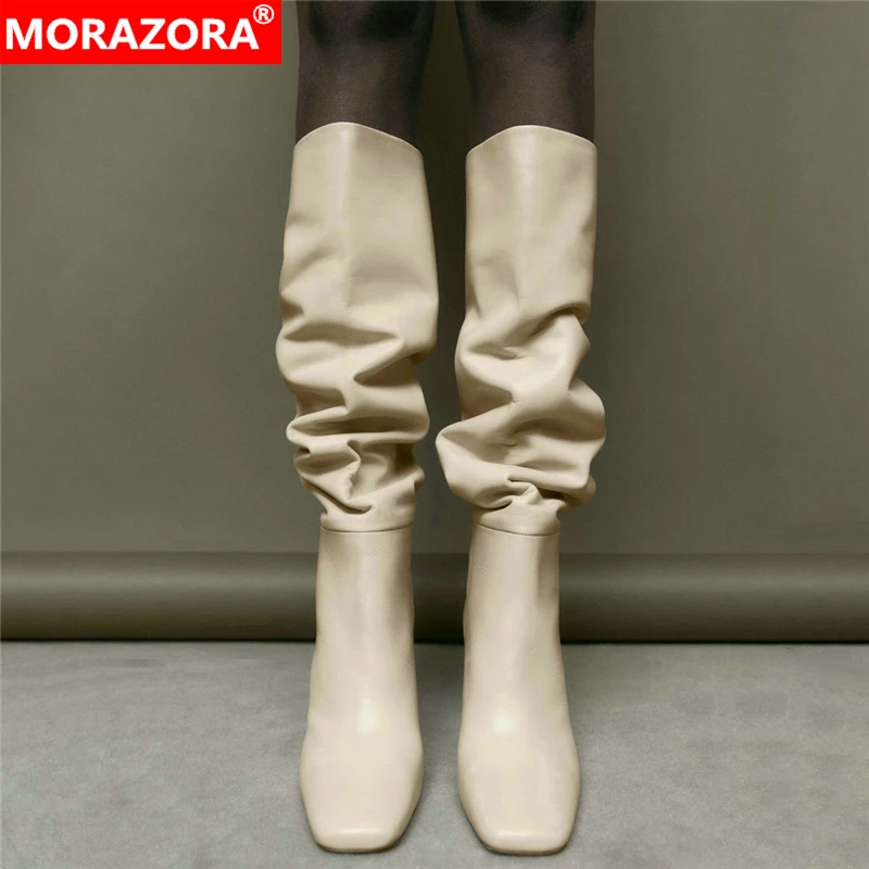 2023 ZA Fashion New Genuine Leather Boots Women Knee High Boots Round High Heels Square Toe Winter Boots