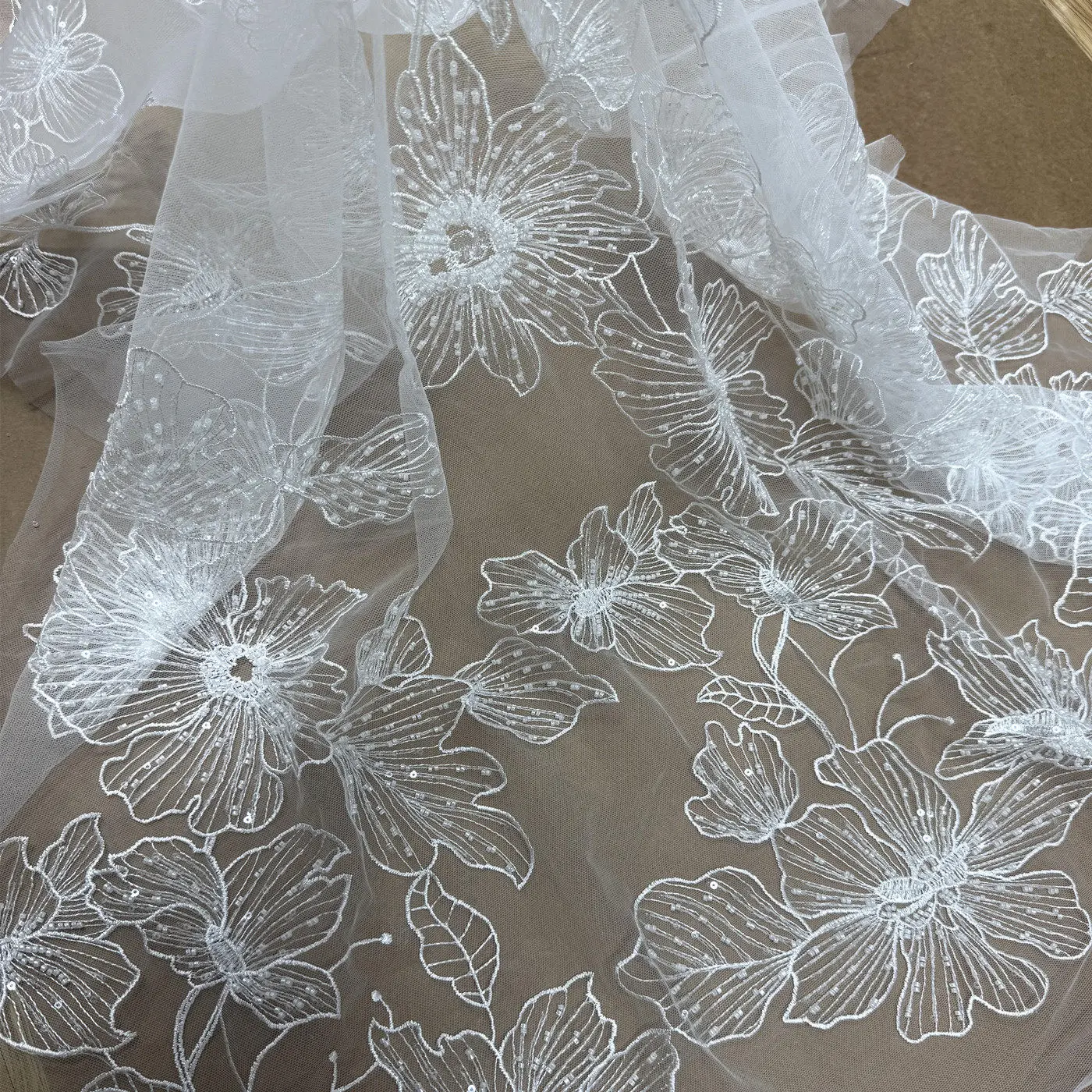 European Large Flower Beads Sequins Embroidered Lace Fabric for DIY Wedding and Children's Garments Ideal Clothing Accessory