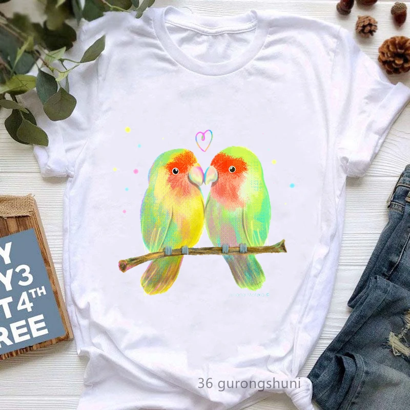 

Watercolor Cockatiels Love Print Tshirt Girls Funny White T Shirt Femme Harajuku Kawaii Clothes Summer Fashion Tops Tee Shirt