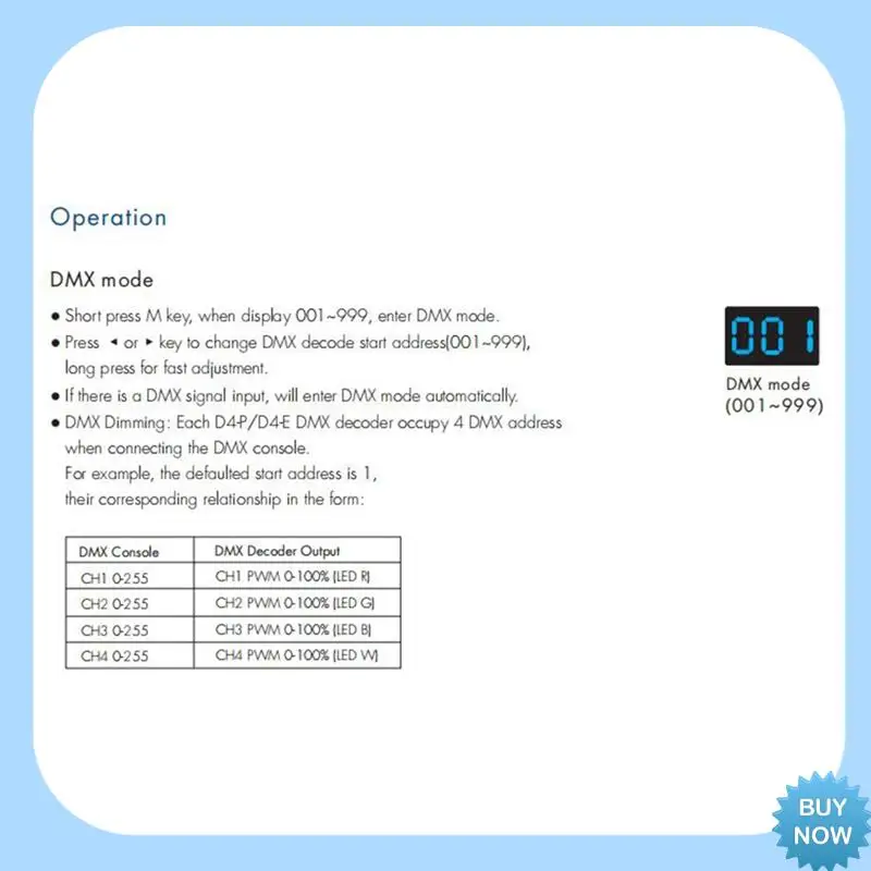 

A47Z D4-P 4 Channel PWM Constant Voltage DMX &RDM LED Decoder Controller Digital Display XLR3 RJ45 Port DC12-36V Input 8Ax4ch Bl