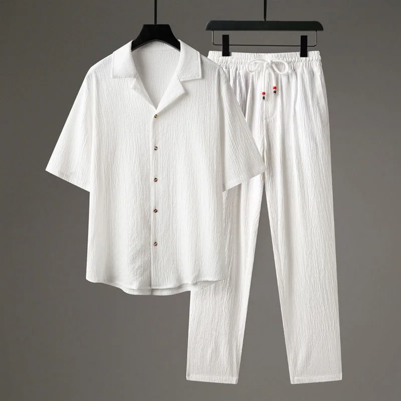 

Summer New Solid Color Short-Sleeved T-shirt Cotton Linen Set Men Loose Sports Breathable Large Size High-Quality Two-Piece Set