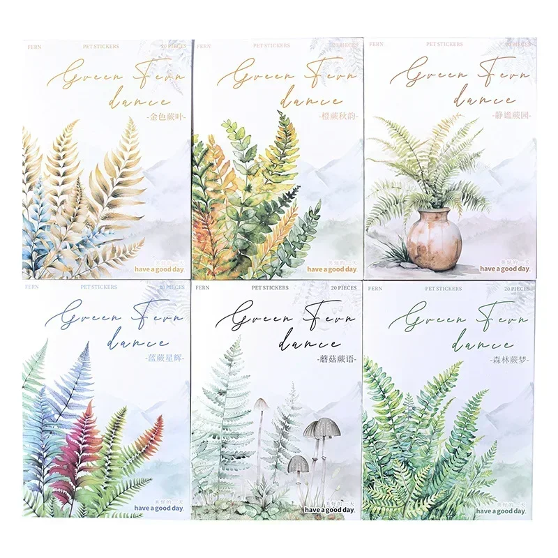 20 Stücke Herbst Rhythmus Tanz Geformt Pilz Farn Material PET Aufkleber Grünes Blatt Farn DIY Liefert Blätter Sammelalbum Schnitt 145*88mm