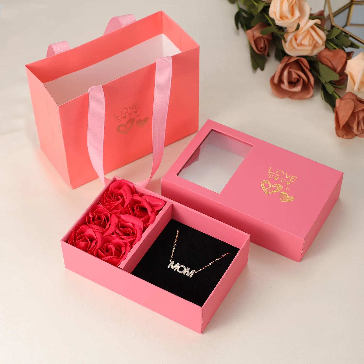 Zircon Letter Necklace LOVE Necklace Stainless Steel 18K Gold Plated With Pink 6 Rose Flower Box Valentine's Day  Gift For Her