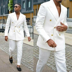 Casual Summer Beach Men's Formal White Linen Suits Groom Wear Double Breasted Party Wedding Peaked Lapel  Blazer Sets